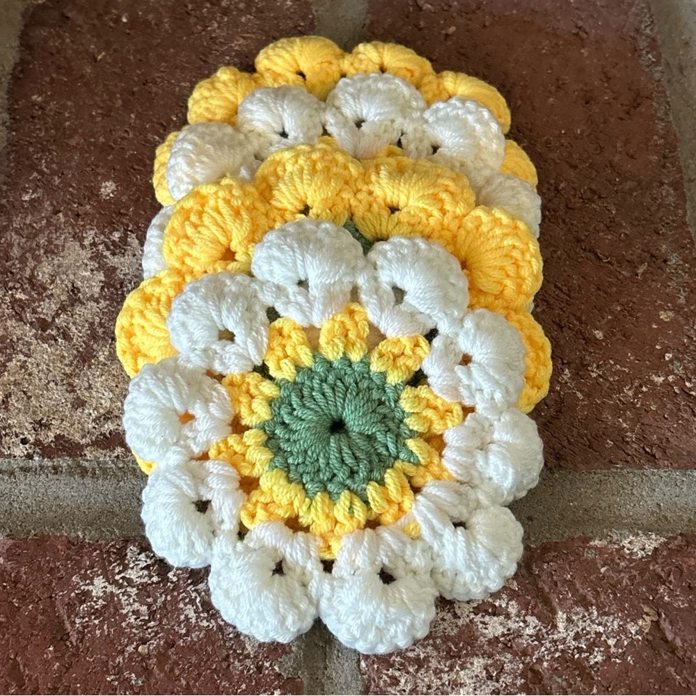 Handmade Yellow, White & Green Crochet Flower Coasters -Home Decorative 4 pc Set